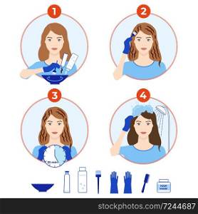 Hair dyeing icons set. How to dye hair at home tutorial. Step-by-step instruction for hair coloring process. Beauty procedure. Apply color creme on hair with brush. Isolated flat vector illustration.. Hair dyeing icons set. How to dye hair at home tutorial.