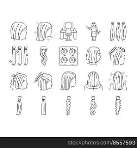 Hair Extension Salon Procedure Icons Set Vector. Hair Extension And Cutting, Multicolor Palette For Choosing Style, And Accessory, Hairdresser Worker And Client Black Contour Illustrations. Hair Extension Salon Procedure Icons Set Vector