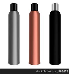 Hair lacquer cosmetics bottle set. Metal bottles mockup with black and silver caps.3d realistic vector illustration.. Hair lacquer cosmetics bottle set. Metal bottles