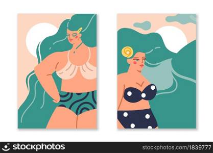 Hair long female. Wavy women hairstyle in nature silhouette, beautiful characters, femmes in swimsuit and bikini, summer time. Pretty girl portraits with green bright hair. Vector posters or cards set. Hair long female. Wavy women hairstyle in nature silhouette, beautiful characters, femmes in swimsuit and bikini. Pretty girl portraits with green bright hair. Vector posters or cards set