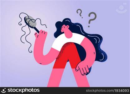 Hair loss and balding concept. Young stressed woman cartoon character standing looking at hairbrush with much hair left on it vector illustration . Hair loss and balding concept