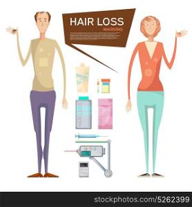 Hair Loss Drugs Concept. Hair loss conceptual composition with balding man and woman characters suffering from hair loss and medication vector illustration