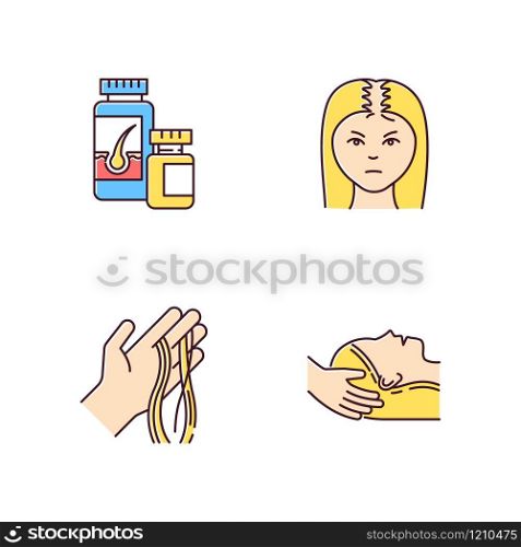 Hair loss RGB color icons set. Female baldness. Alopecia treatment. Woman with thinning hair. Strands of hair on hand. Physiotherapy, vitamin supplements. Isolated vector illustrations