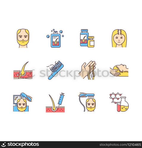 Hair loss RGB color icons set. Hair roots. Alopecia treatment. Hair strands on hand and comd. Chemistry, medicine. Physiotherapy and injection for hair thinning. Isolated vector illustrations