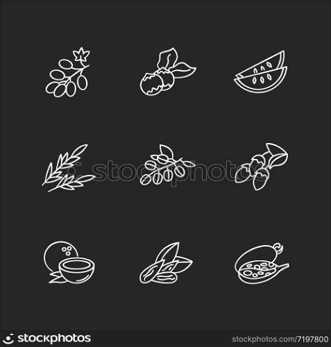 Hair oil ingredients chalk white icons set on black background. Jojoba essence for nourishment. Herbal cosmetic product for natural haircare. Isolated vector chalkboard illustrations