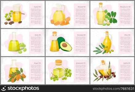 Hair oils banners, plants and nuts, oily seeds vector. Skin care and hairs health, organic cosmetics, castor and macadamia. Olive and coconut, avocado and grapeseed, almond and amla illustration. Organic Hair Care Cosmetics, Natural Oils Banners