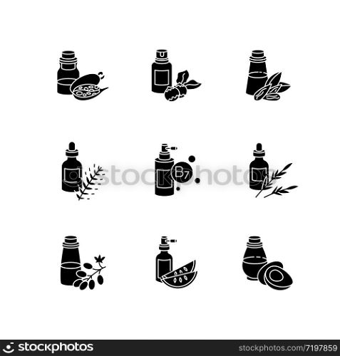 Hair oils black glyph icons set on white space. Coconut cosmetic mask in jar package. Almond extract for haircare. Grapeseed serum treatment. Silhouette symbols. Vector isolated illustration
