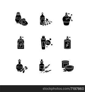 Hair oils black glyph icons set on white space. Hydrolyzed wheat protein. B7 biotin treatment. Herbal product for haircare. Shampoo, conditioner. Silhouette symbols. Vector isolated illustration