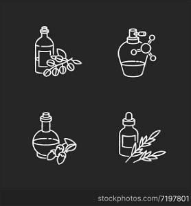 Hair oils chalk white icons set on black background. Antistatic sprayer in bottle. B5 panthenol ointment. B7 biotic cosmetic product. Liquid silicon. Isolated vector chalkboard illustrations