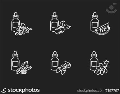 Hair oils chalk white icons set on black background. Avocado beauty product. Kalahari melon seed essence in glass jar. Coconut oil in container. Isolated vector chalkboard illustrations