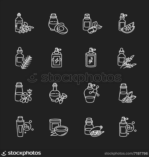 Hair oils chalk white icons set on black background. Hydrolyzed wheat protein cosmetic product. Almond extract for haircare. Argan oil for nourishment. Isolated vector chalkboard illustrations