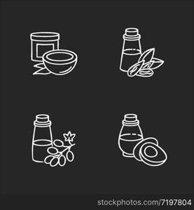 Hair oils chalk white icons set on black background. Jojoba essence for healthy nourishment. Keratin formula for haircare. Rosemary extract in bottle. Isolated vector chalkboard illustrations
