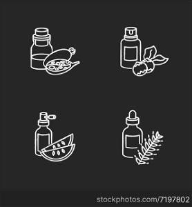 Hair oils chalk white icons set on black background. Natural grape seed extract. Macadamia raw nuts. Ripe kalahari melon slices. Rosemary herbs. Isolated vector chalkboard illustrations