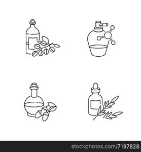 Hair oils pixel perfect linear icons set. Antistatic sprayer in bottle. B5 panthenol ointment. Customizable thin line contour symbols. Isolated vector outline illustrations. Editable stroke