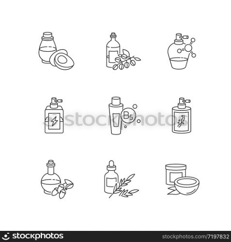 Hair oils pixel perfect linear icons set. Hydrolyzed wheat protein. B7 biotin treatment. Customizable thin line contour symbols. Isolated vector outline illustrations. Editable stroke