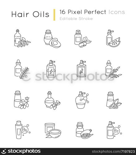 Hair oils pixel perfect linear icons set. Hydrolyzed wheat protein cosmetic product. Almond extract. Customizable thin line contour symbols. Isolated vector outline illustrations. Editable stroke