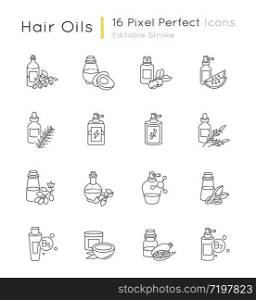 Hair oils pixel perfect linear icons set. Hydrolyzed wheat protein cosmetic product. Almond extract. Customizable thin line contour symbols. Isolated vector outline illustrations. Editable stroke