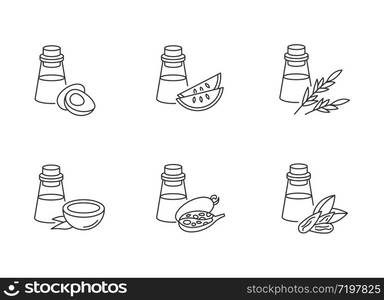 Hair oils pixel perfect linear icons set. Jojoba ingredient for cosmetic product. Natural herbal essence. Customizable thin line contour symbols. Isolated vector outline illustrations. Editable stroke