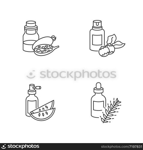 Hair oils pixel perfect linear icons set. Natural grape seed extract. Macadamia raw nuts. Rosemary herbs. Customizable thin line contour symbols. Isolated vector outline illustrations. Editable stroke