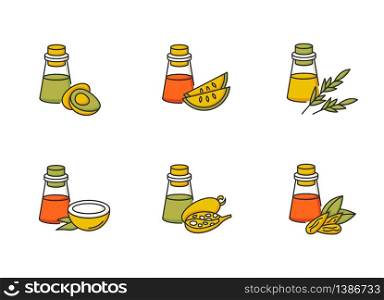 Hair oils RGB color icons set. Avocado ingredient for cosmetic product. Almond essence for haircare. Kalahari melon seed extract. Dermatology treatment product. Isolated vector illustrations. Hair oils RGB color icons set. Avocado ingredient for cosmetic product. Almond essence for haircare. Kalahari melon seed extract. Dermatology treatment product. Isolated vector illustrations.