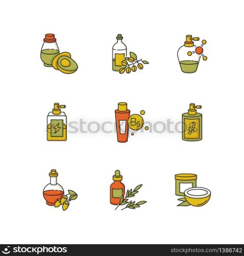 Hair oils RGB color icons set. Coconut cosmetic mask in jar package. B5 panthenol in tube. Antistatic and liquid silicon. Keratin chemical formula for smooth hair. Isolated vector illustrations. Hair oils RGB color icons set. Coconut cosmetic mask in jar package. B5 panthenol in tube. Antistatic and liquid silicon. Keratin chemical formula for smooth hair. Isolated vector illustrations.