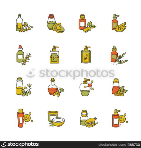 Hair oils RGB color icons set. Hydrolyzed wheat protein cosmetic. Almond extract for haircare. Argan oil for nourishment. Organic beauty products for natural haircare. Isolated vector illustrations. Hair oils RGB color icons set. Hydrolyzed wheat protein cosmetic. Almond extract for haircare. Argan oil for nourishment. Organic beauty products for natural haircare. Isolated vector illustrations.