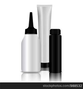 Hair painting bottles set for gel, cream and balm. 3d realistic Vector illustration. Professional cosmetics package: tube, bottle with lid and dispenser.. Hair painting bottles set for gel, cream, balm.