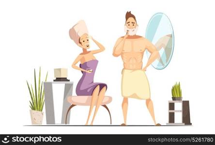 Hair Removal Depilation Family Cartoon Illustration. Married couple hygienic hair removal procedure in family bathroom together with wet shaving man cartoon vector illustration