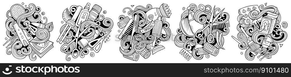 Hair Salon cartoon vector doodle designs set. Sketchy detailed compositions with lot of hairdresser objects and symbols. Isolated on white illustrations. Hair Salon cartoon vector doodle designs set.