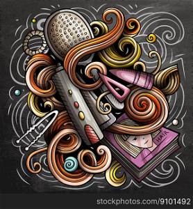 Hair Salon cartoon vector illustration. Chalkboard detailed composition with lot of Hairstyle objects and symbols. Hair Salon cartoon vector illustration