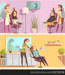 Hair Salon Horizontal Cartoon Banners . Hair salon service 2 retro cartoon horizontal banners set with styling cutting coloring treatments isolated vector illustration