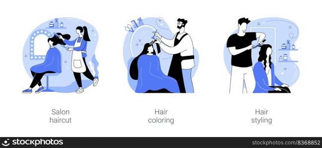 Hair salon isolated cartoon vector illustrations set. Doing hair cut, beauty salon services, trendy coloring and dying, professional hairdresser at work, glamour styling, appearance vector cartoon.. Hair salon isolated cartoon vector illustrations se