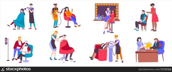 Hair salon set with doodle human characters of hairdressers and their clients with pieces of furniture vector illustration