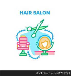Hair Salon Treat Vector Icon Concept. Professional Chair And Scissors Hairdresser Equipment, Woman Looking At Reflection In Mirror, Hair Salon Treatment And Service Color Illustration. Hair Salon Treat Vector Concept Color Illustration