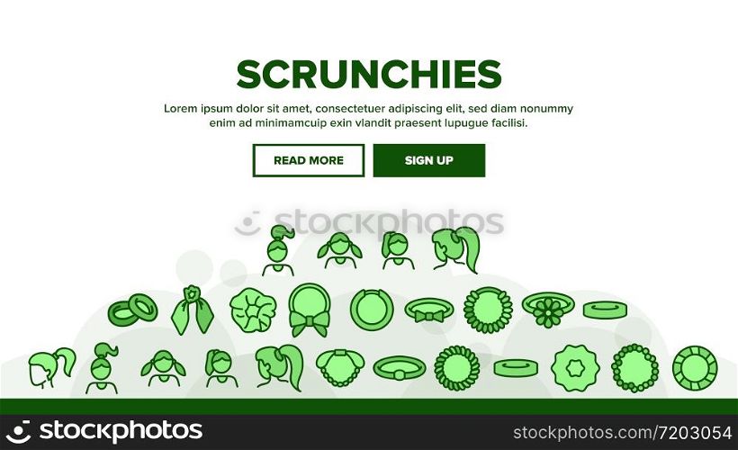 Hair Scrunchies Bands Landing Web Page Header Banner Template Vector. Hair Scrunches Headband Fabric Elastic Accessory Decorated Bow And Flower Illustrations. Hair Scrunchies Bands Landing Header Vector
