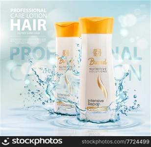 Hair sh&oo or lotion in transparent water splash. Care lotion or conditioner cosmetic bottles ad banner. Professional care tubes for intensive repair. Cosmetics beauty product realistic 3d template. Hair sh&oo or lotion in transparent water splash