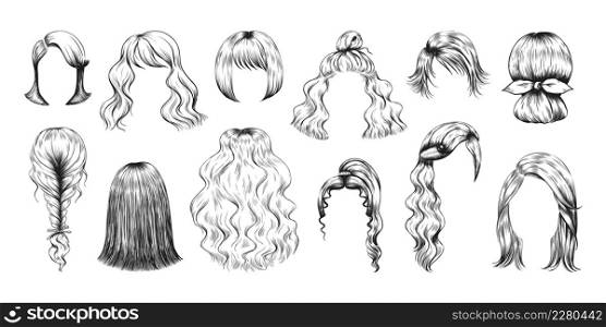 Hair sketch. Woman hairstyle pencil drawing. Female long or short haircut or curly wig. Girls beauty. Different coiffure stylish models with braid, bun and ponytail. Vector isolated glamour hairdo set. Hair sketch. Woman hairstyle pencil drawing. Female long or short haircut or y wig. Girls beauty. Different coiffure stylish models with braid, bun and ponytail. Vector glamour hairdo set