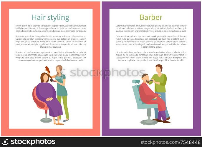 Hair styling and barber posters with text sample vector. Female and male hairdresser, fashion and care of head. Hairstyle and haircut changing process. Hair Styling and Barber Posters with Text Vector