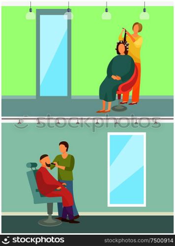 Hair styling and care, hairdresser and barber shop set of working people vector. Beauty salon with hairstyle procedures service for males and females. Hair Styling Hairdresser and Barber Set Vector
