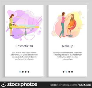 Hair styling and cosmetician procedures vector, experts caring for face of clients, women in beauty salon, ladies dealing with lotions and sprays. Website or slider app, landing page flat style. Cosmetician and Hair Styling Process, Salon Set