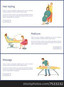 Hair styling and hairstyle change of woman client. Set of posters with text sample, massage of back, massage and pedicurist polishing nails vector. Hair Styling and Hairstyle Change Poster Vector