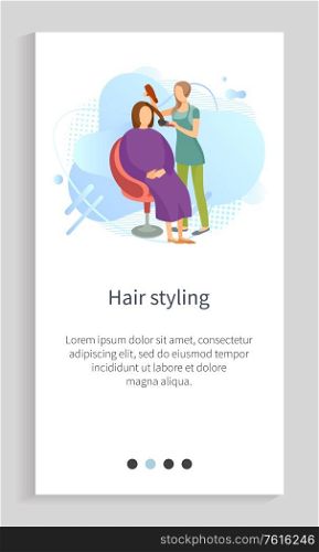 Hair styling, hairdresser holding hairdryer and bush equipments, hairstyle to woman, people characters in salon, beauty care, liquid shape vector. Website slider app template, landing page flat style. Beauty Care, Hairstyle to Woman, Salon Vector