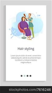 Hair styling, hairdresser holding hairdryer and bush equipments, hairstyle to woman, people characters in salon, beauty care, liquid shape vector. Website slider app template, landing page flat style. Beauty Care, Hairstyle to Woman, Salon Vector