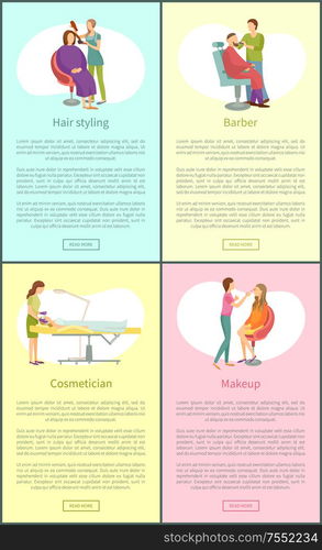 Hair styling procedures posters set with text sample set vector. Cosmetician webpages online, haircut making and visage makeup. Visagiste and stylist. Hair Styling Procedures Posters Text Set Vector