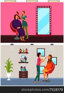 Hair styling process and visage makeup set vector. Care of face and head, cosmetics and lotions on shelf of beautician. Transformation of women look. Hair Styling Process and Visage Makeup Vector