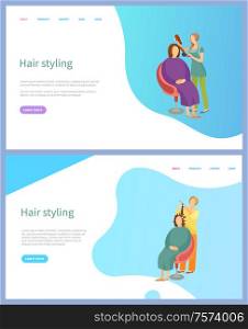 Hair styling services vector, straightening and curling. Hairdresser or stylist in apron and female client, beauty service online appointment order. Website or webpage template landing page in flat. Hair Styling Services, Straightening and Curling