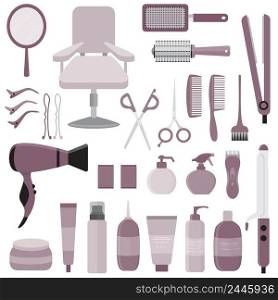 Hair styling tools kit set isolated on white background. Flat style accessories, sh&oo, comb, hair curler, hairdryer, hair straightener, hairbrush, hairspray, mirror, hairpins ecc.