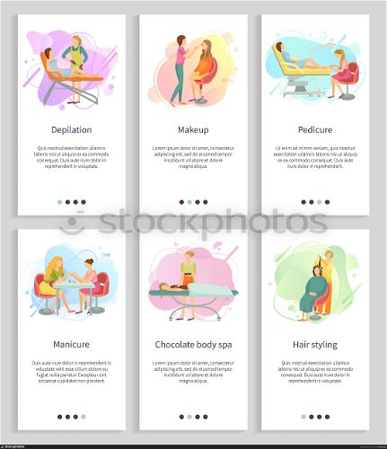 Hair styling vector, pedicure and manicure, depilation and chocolate spa, making new hairstyle, pedicurist and manicurist working with clients, Website or slider app, landing page flat style. Cosmetician and Pedicure, Manicure Hair Styling