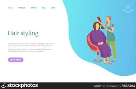 Hair styling woman client sitting in chair, website vector with information. Expert holding dryer making hairdo, customer relaxing on armchair site template. Webpage landing page flat style. Hair Styling Woman Client at Hairdressers Salon