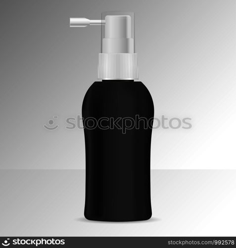 Hair tonic bottle mock up with spray dispenser. Vector illustration. Cosmetics or medicine package.. Hair tonic bottle mock spray dispenser. Vector